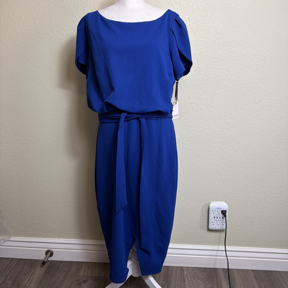 Kensie Womens Dress 14 Blue Faux Wrap Sheath Cocktail Wedding Guest Belted NWT